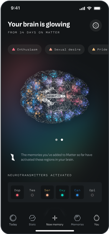 An iPhone screen with an illustration of a human brain from the top. Different regions of the brain are speckled with different colors. Each color represents a neurotransmitter: red is dopamine, yellow is serotonin, green is oxytocin, blue is cannabinoids."